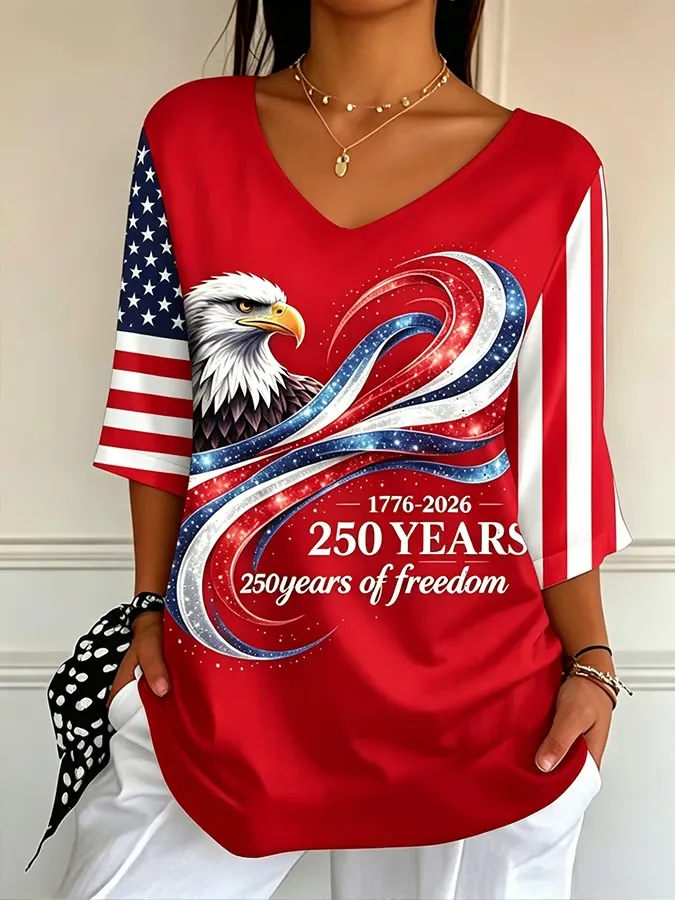 Patriotic Bald Eagle Heart Ribbon Print Loose Fit Women Holiday Tee