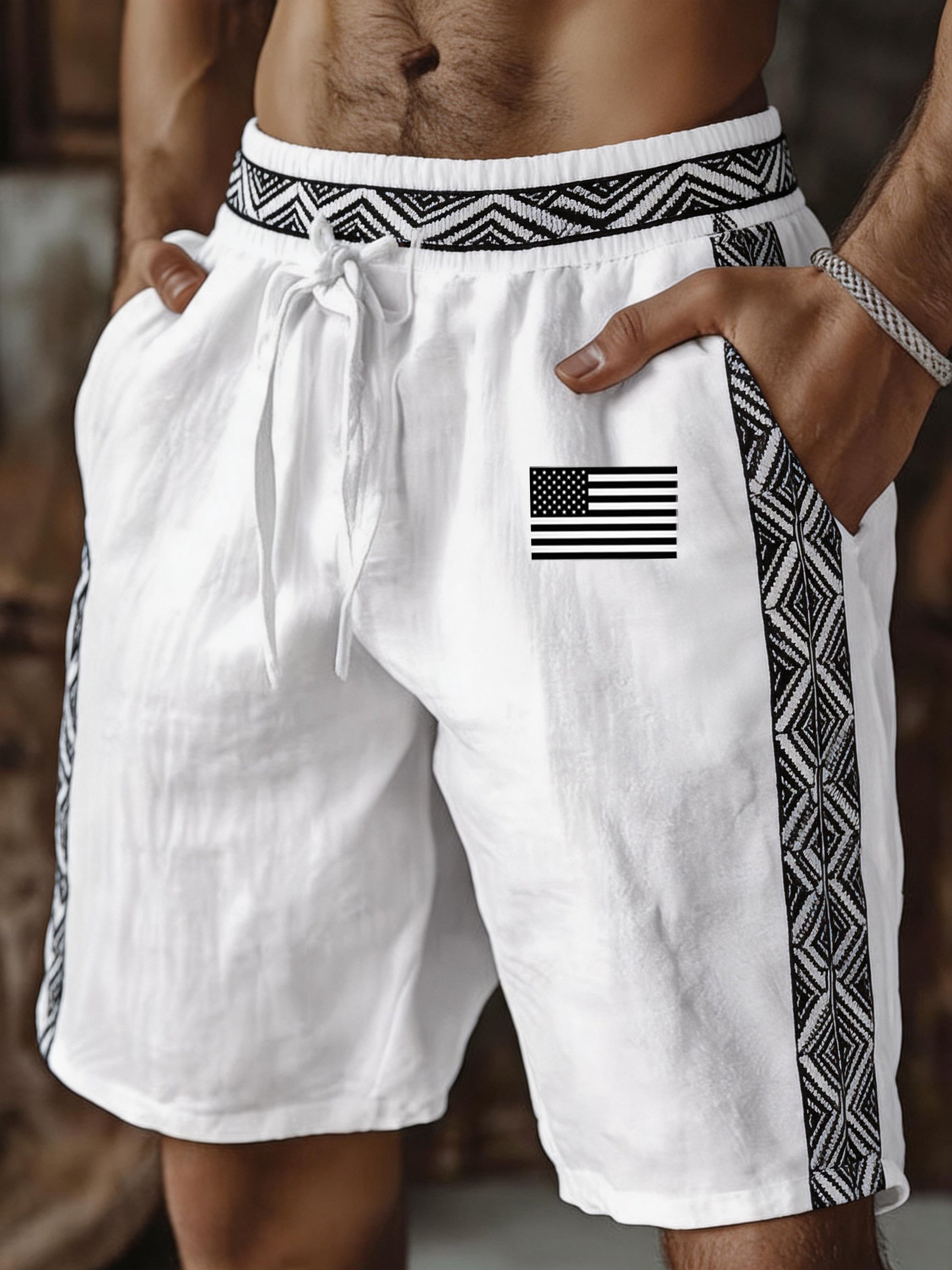 Men’s Tribal Trim American Flag Casual Shorts – White Linen-Look Drawstring Beach Shorts