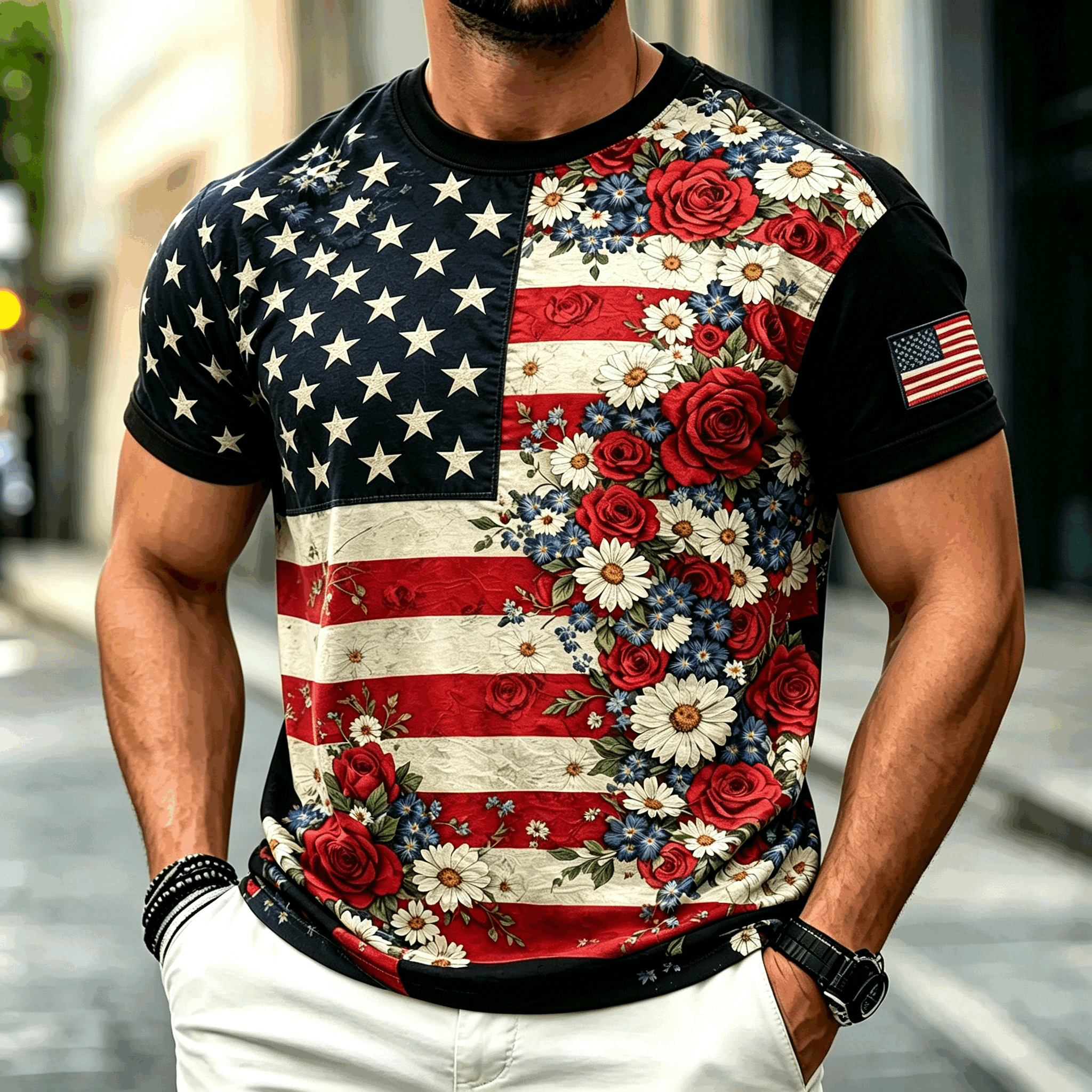 Patriotic Star Stripe Floral USA Flag Print Men Crew Neck Casual Summer Tee