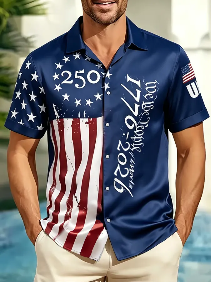 Men's American Flag 1776-2026 250th Anniversary Button Down Shirt, Patriotic We The People Print Short Sleeve Casual Hawaiian Shirt for Independence Day