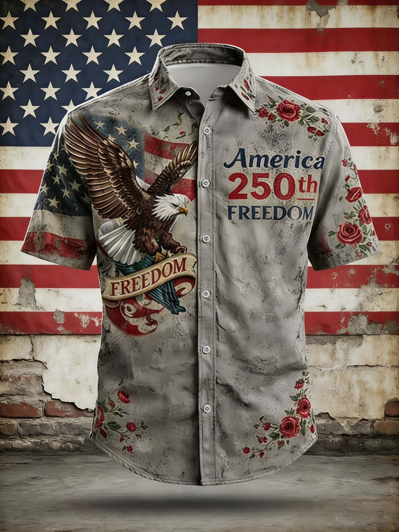 America 250th Freedom Vintage Button-Down Shirt – Eagle & American Flag Print with Floral Accents, Patriotic Short Sleeve Casual Top