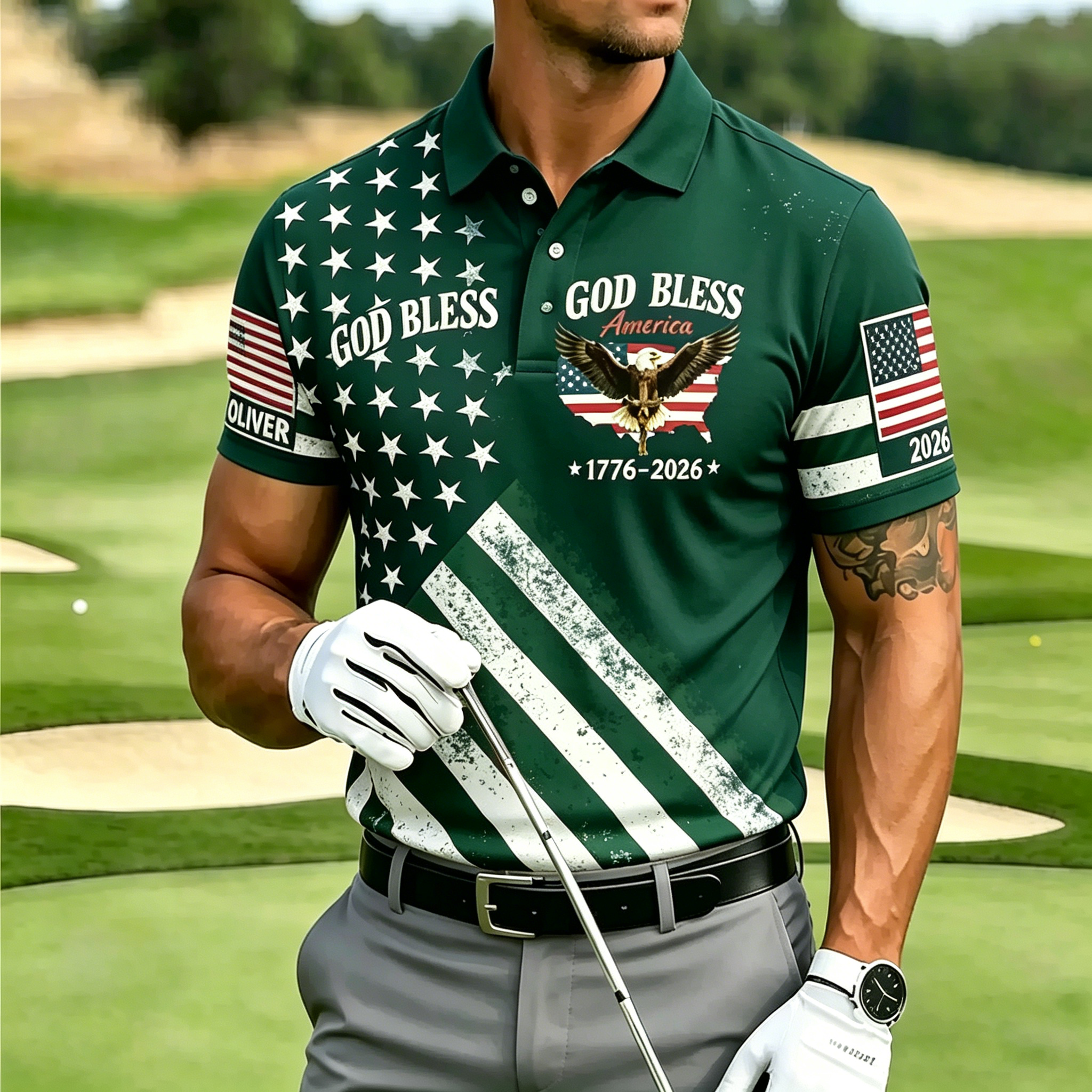 Men's God Bless America Eagle USA Flag 1776-2026 Patriotic Short Sleeve Polo Shirt