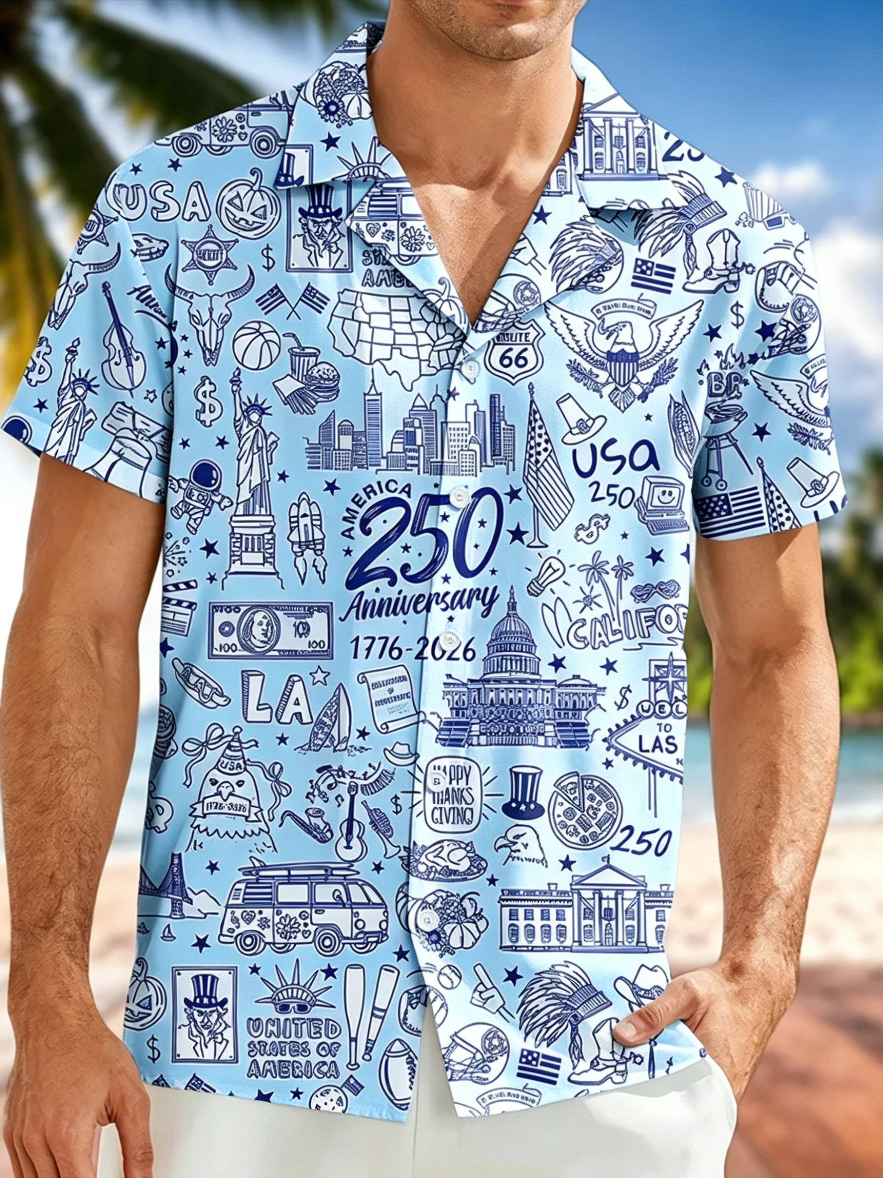 USA Themed Doodle Print Camp Collar Shirt, Patriotic Landmark Short Sleeve Aloha Shirt