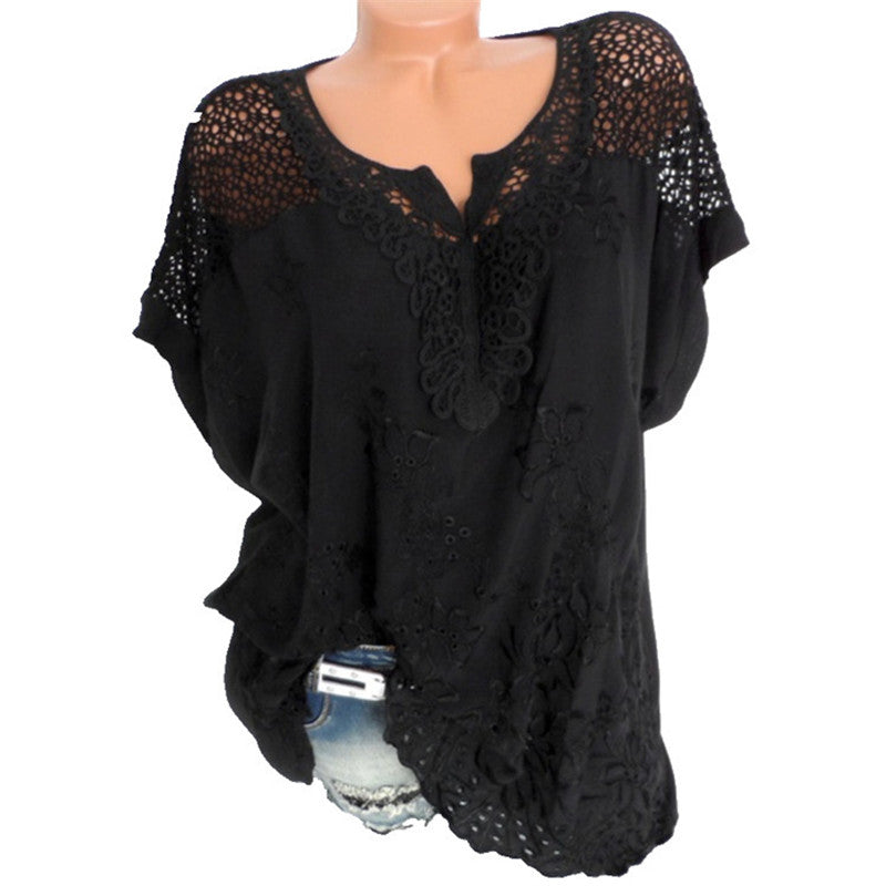 (S-6XL) Women's lace V-neck embroidered short sleeve Batwing