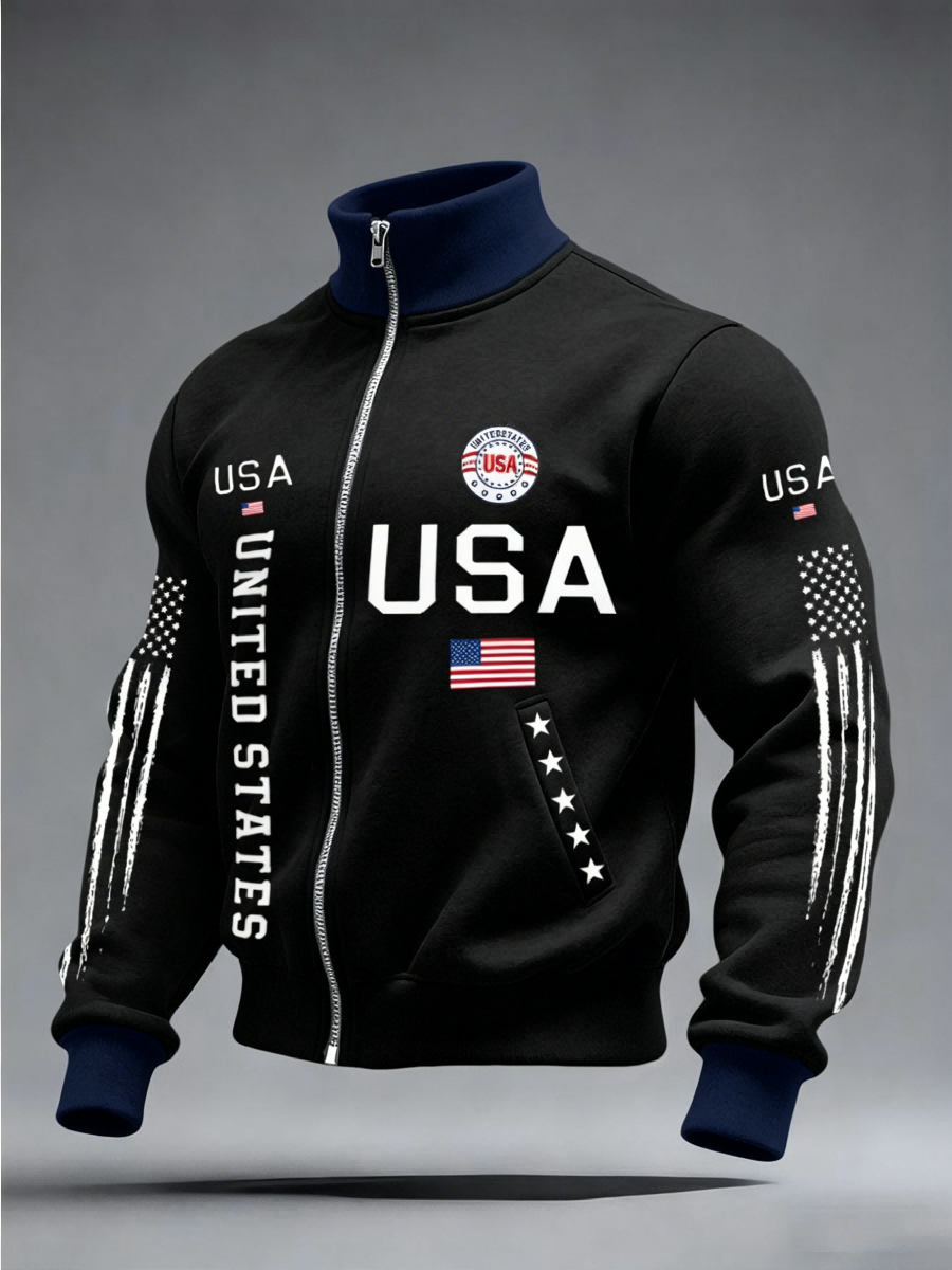 Men's USA Flag Print Full-Zip Track Jacket, Patriotic  Stand Collar Casual Sweatshirt