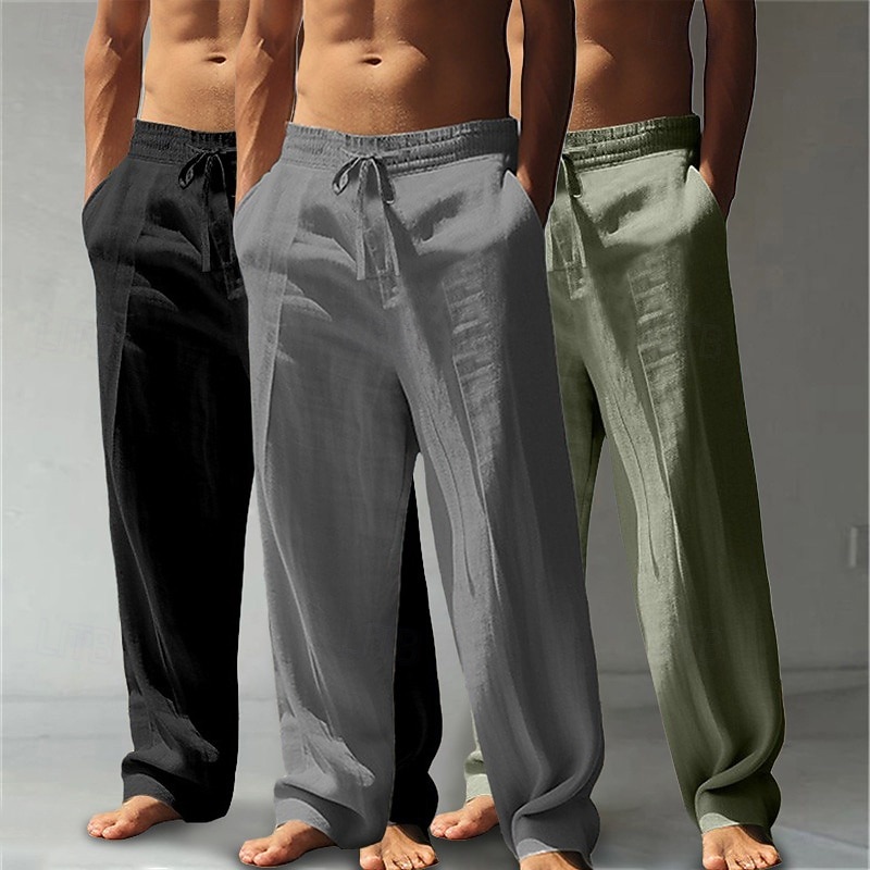 Men's Linen Pants Trousers Summer Pants Baggy Pants Beach Pants Drawstring Elastic Waist Straight Leg Plain Comfort Breathable Knee Length Outdoor Casual Daily Vacation Classic Style White+Black+Gray 2026 - $44.99 &ndash;P12
