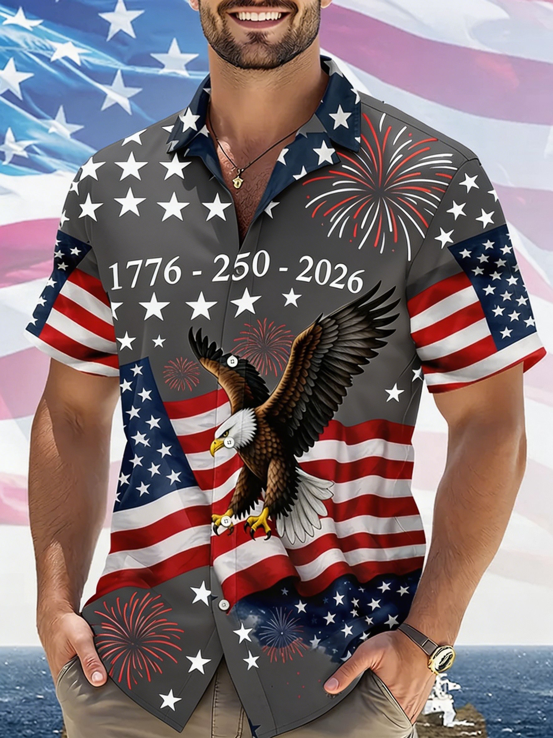 Patriotic USA Eagle Flag Print Camp Collar Shirt, Star & Firework Casual Aloha Shirt