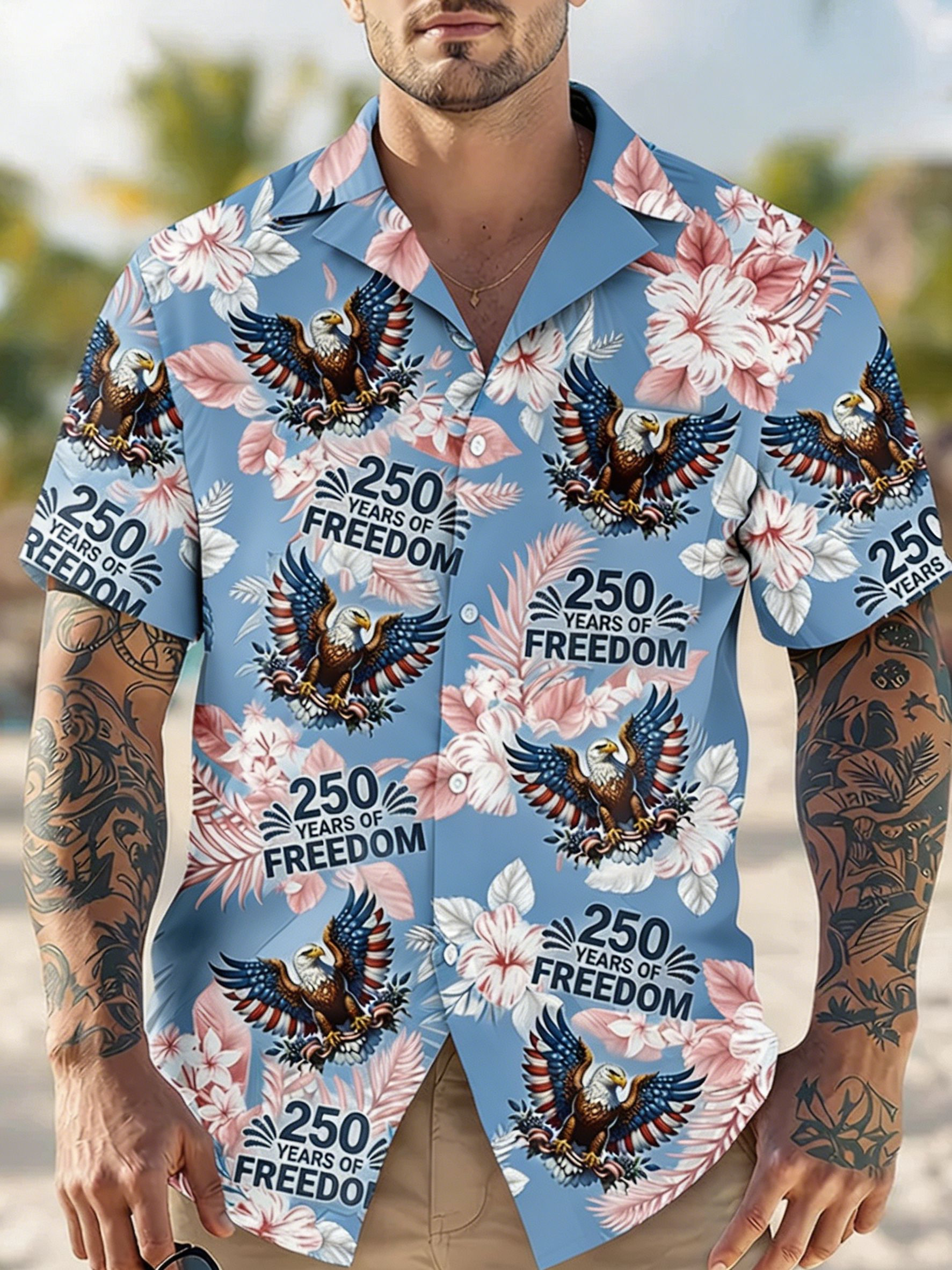 Patriotic USA Eagle Flag Print Camp Collar Shirt, Star & Firework Casual Aloha Shirt