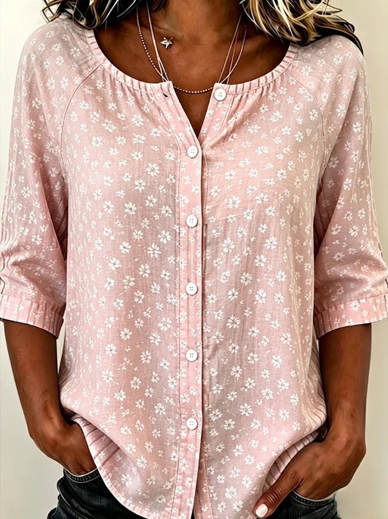 Women Ditsy Floral Raglan 3/4 Sleeve Button Down Blouse