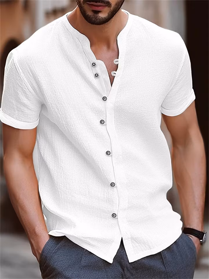 Mandarin Collar Loose Fit Breathable Short Sleeve Summer Shirt for Men