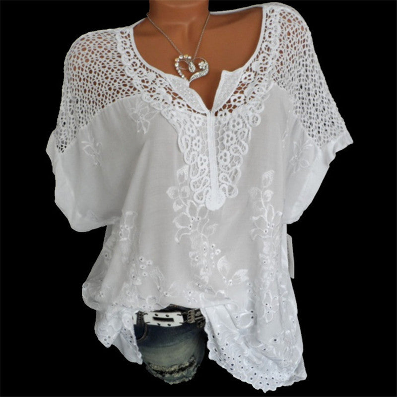 (S-6XL) Women's lace V-neck embroidered short sleeve Batwing
