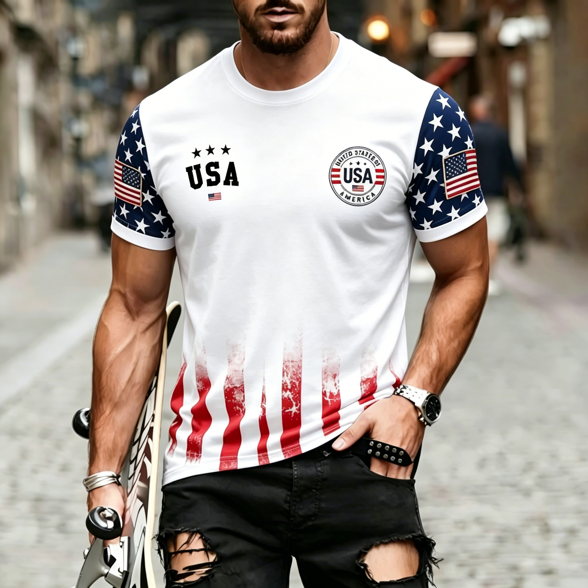 USA Star Sleeve Badge Print Crew Neck Patriotic T-Shirt for Men