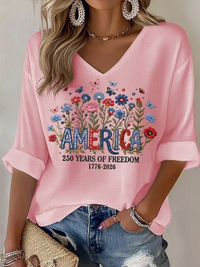 Women's "America 250 Years of Freedom" Floral Embroidered V-Neck T-Shirt