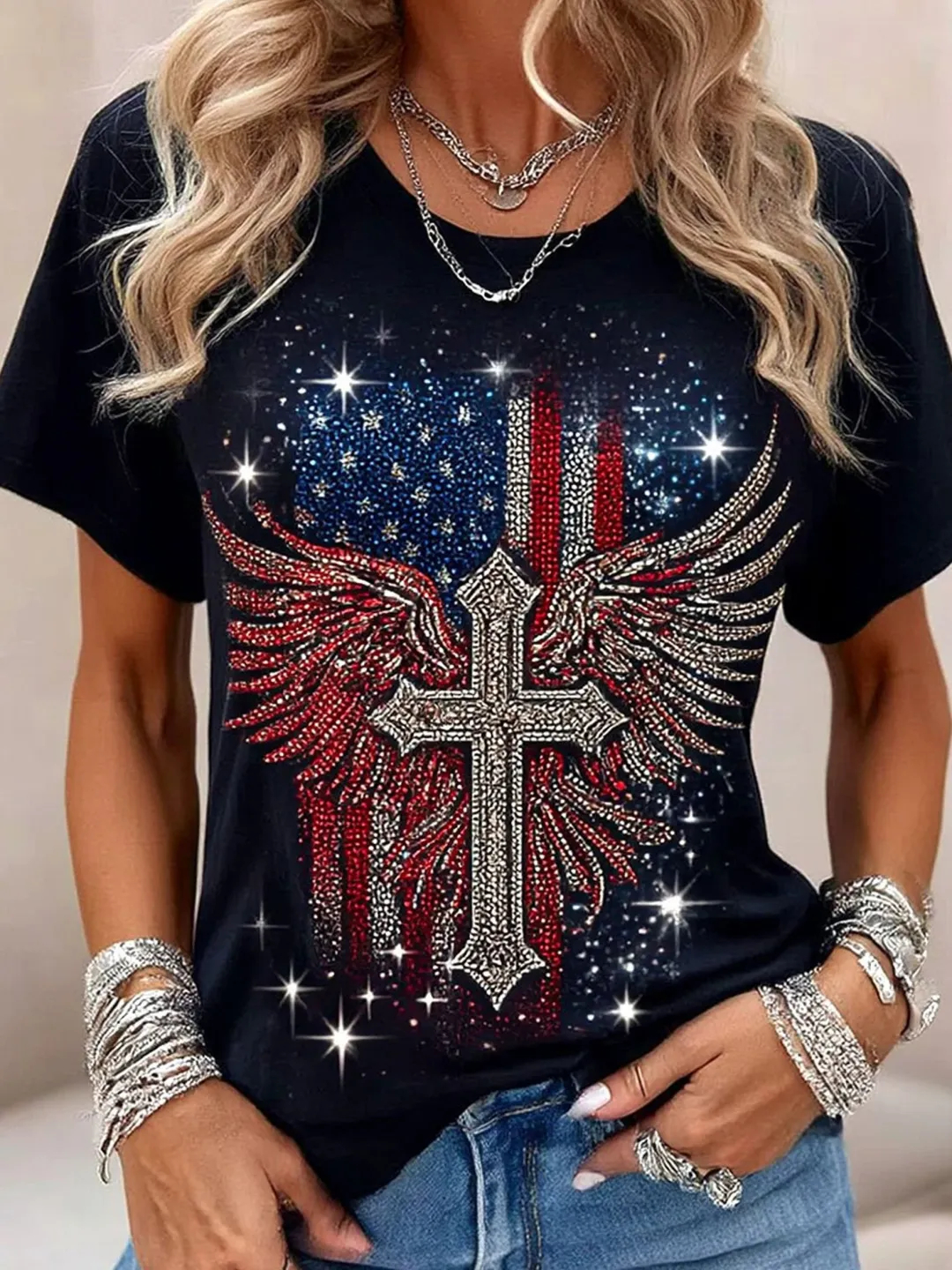Patriotic 4th of July Outfit Women Sparkly Rhinestone Cross Wing Flag Printed Crew Neck Short Sleeve Casual Tee