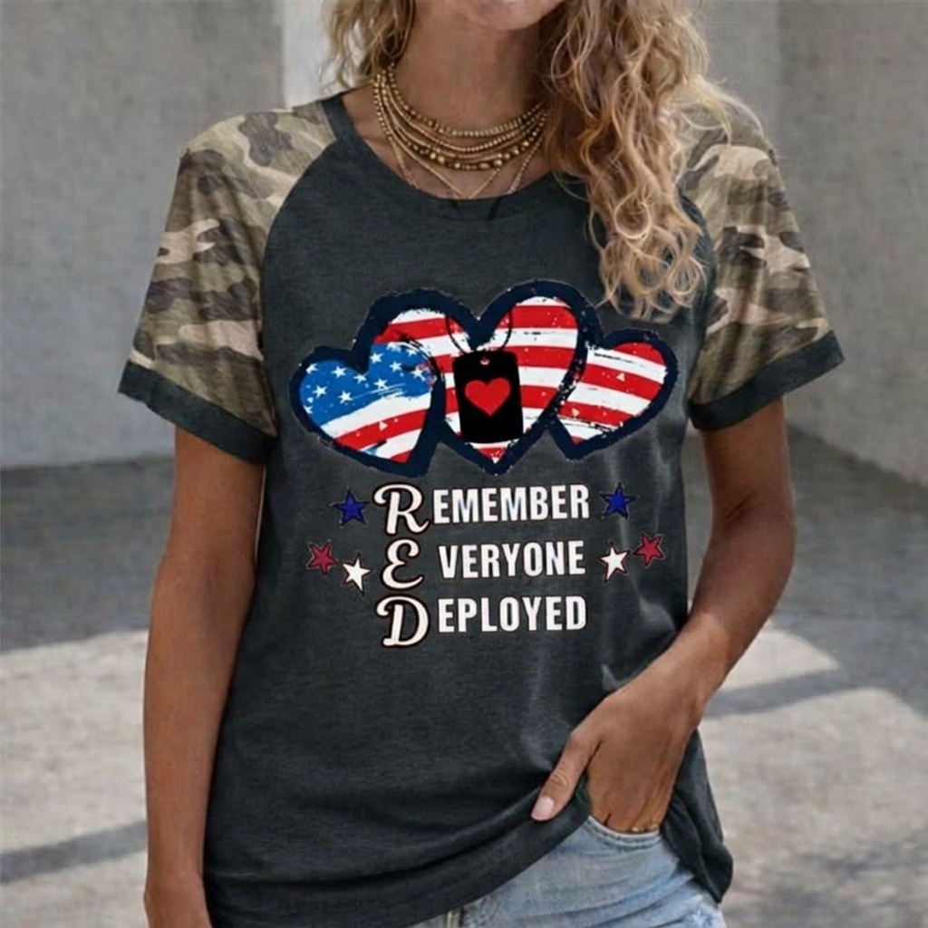 Women Red Friday Camo Raglan Heart Flag Graphic Tee