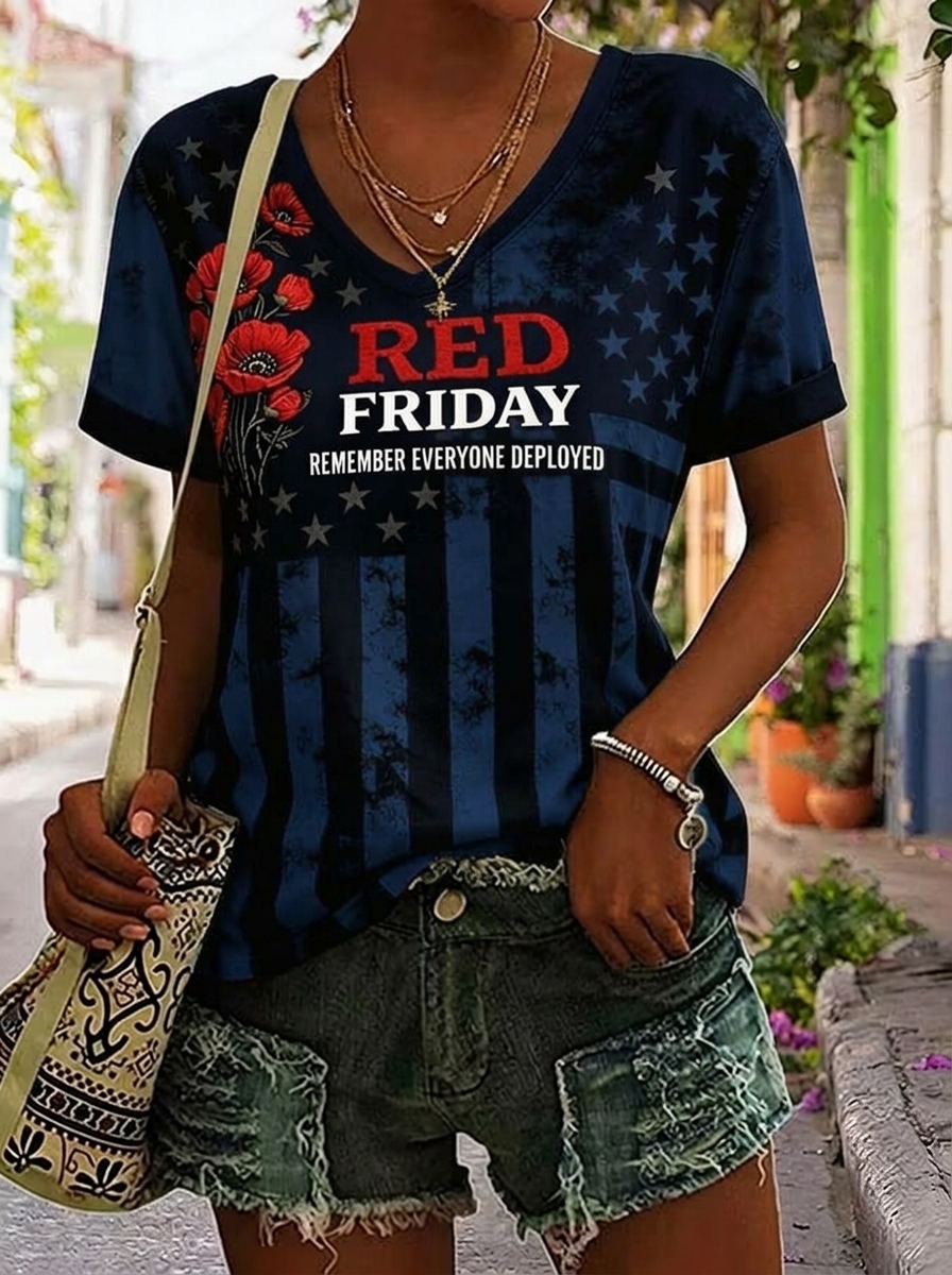Women Red Friday American Flag Poppy Patriotic Short Sleeve Tee