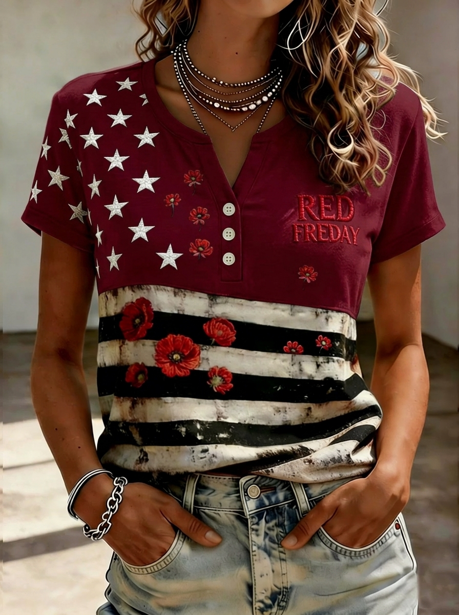 Women’s Red Friday Poppy American Flag Short Sleeve Henley T-Shirt, Vintage Distressed USA Star Stripes Patriotic Tee, Casual V Neck Button Down Summer Top