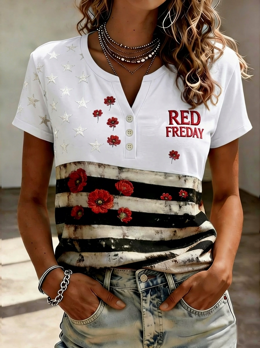 Women’s Red Friday Poppy American Flag Short Sleeve Henley T-Shirt, Vintage Distressed USA Star Stripes Patriotic Tee, Casual V Neck Button Down Summer Top