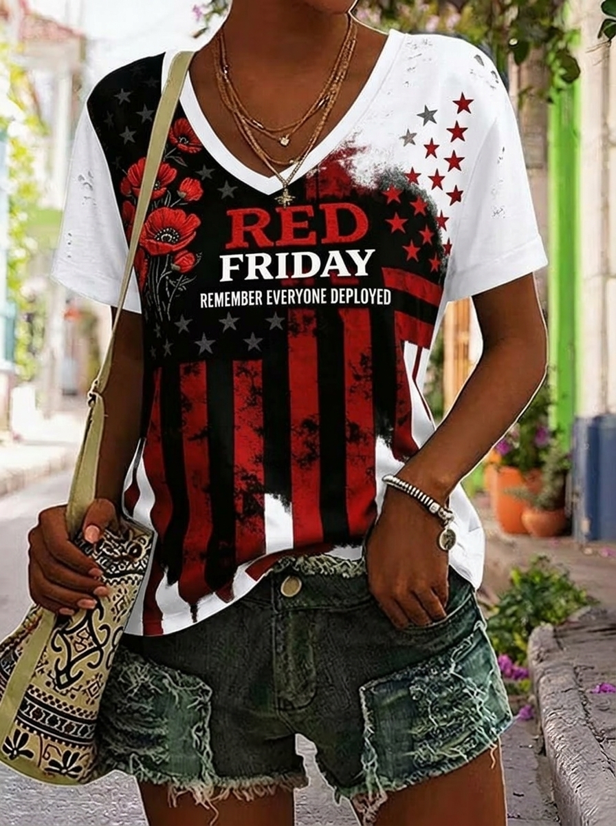 Women Red Friday American Flag Poppy Patriotic Short Sleeve Tee