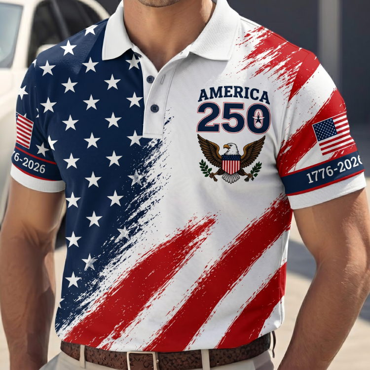 America 250 Polo Shirt, Patriotic Eagle Crest, USA Anniversary Tee,4th of July Polo, Red White Blue Golf Shirt, Independence Day Outfit