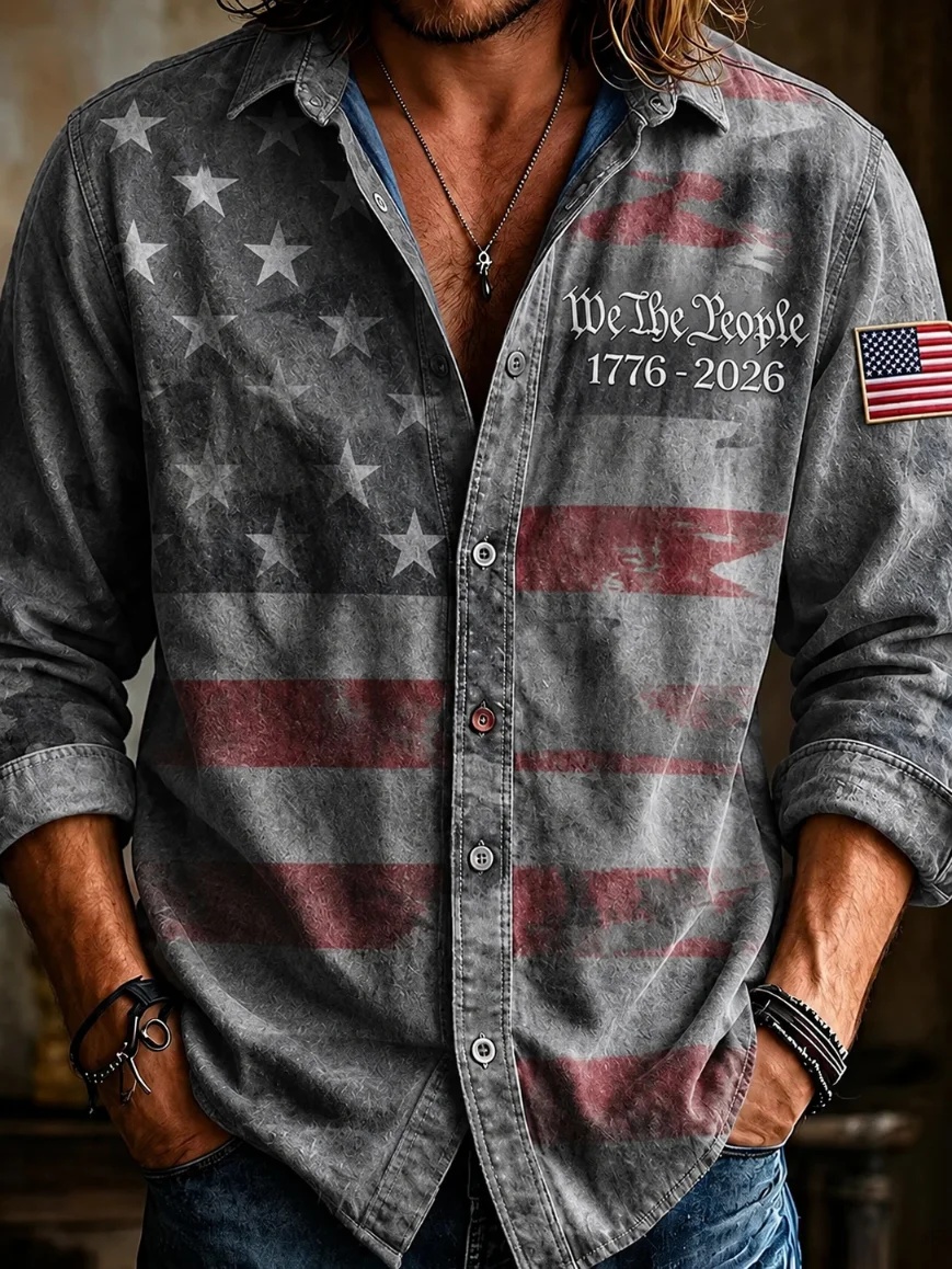 Men's America 250Th Anniversary We The People Vintage Camo USA Flag Long Sleeve Button Down Shirt
