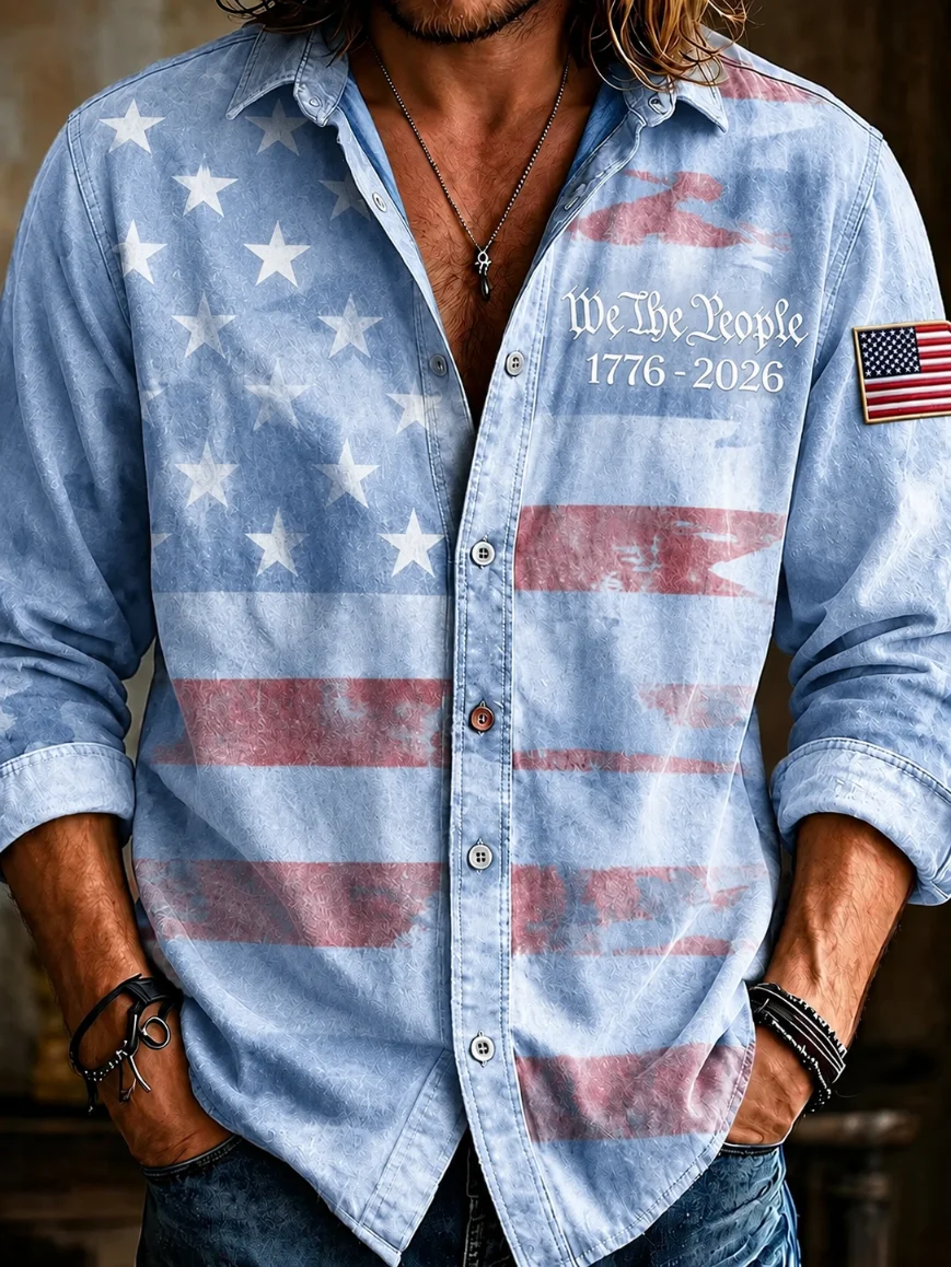 Men's America 250Th Anniversary We The People Vintage Camo USA Flag Long Sleeve Button Down Shirt