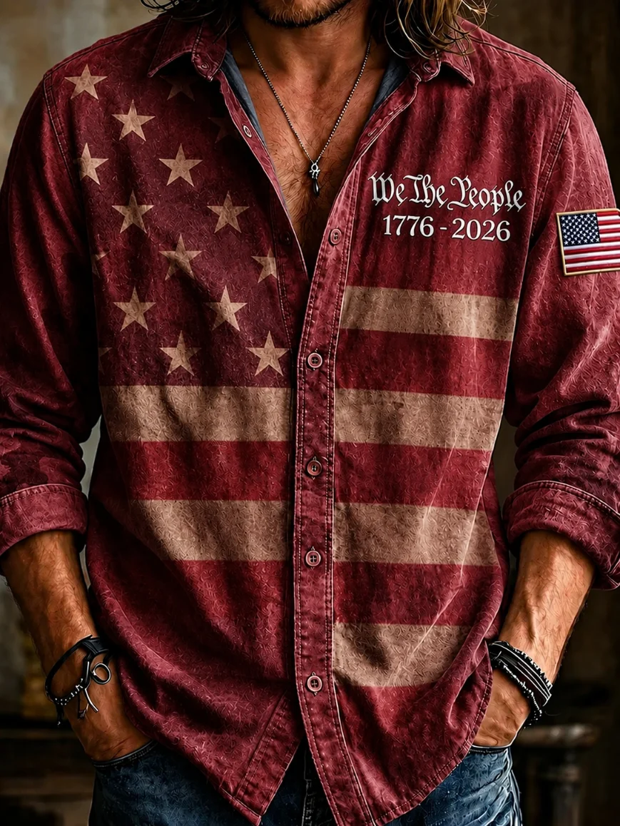 Men's America 250Th Anniversary We The People Vintage Camo USA Flag Long Sleeve Button Down Shirt