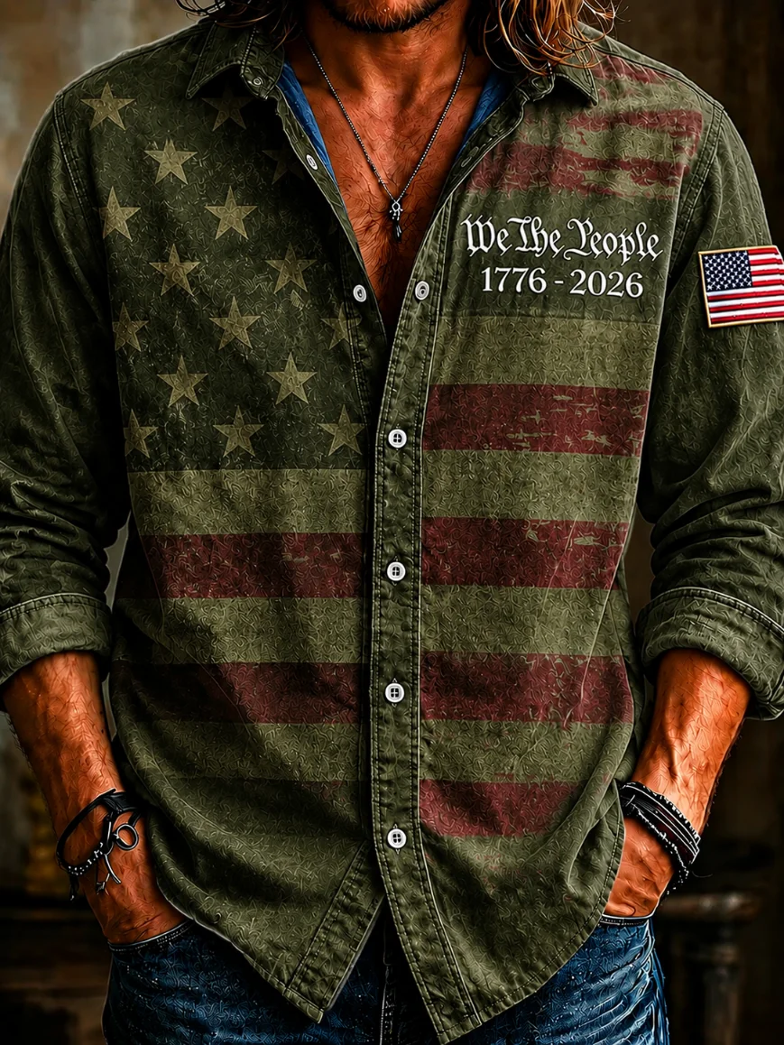 Men's America 250Th Anniversary We The People Vintage Camo USA Flag Long Sleeve Button Down Shirt