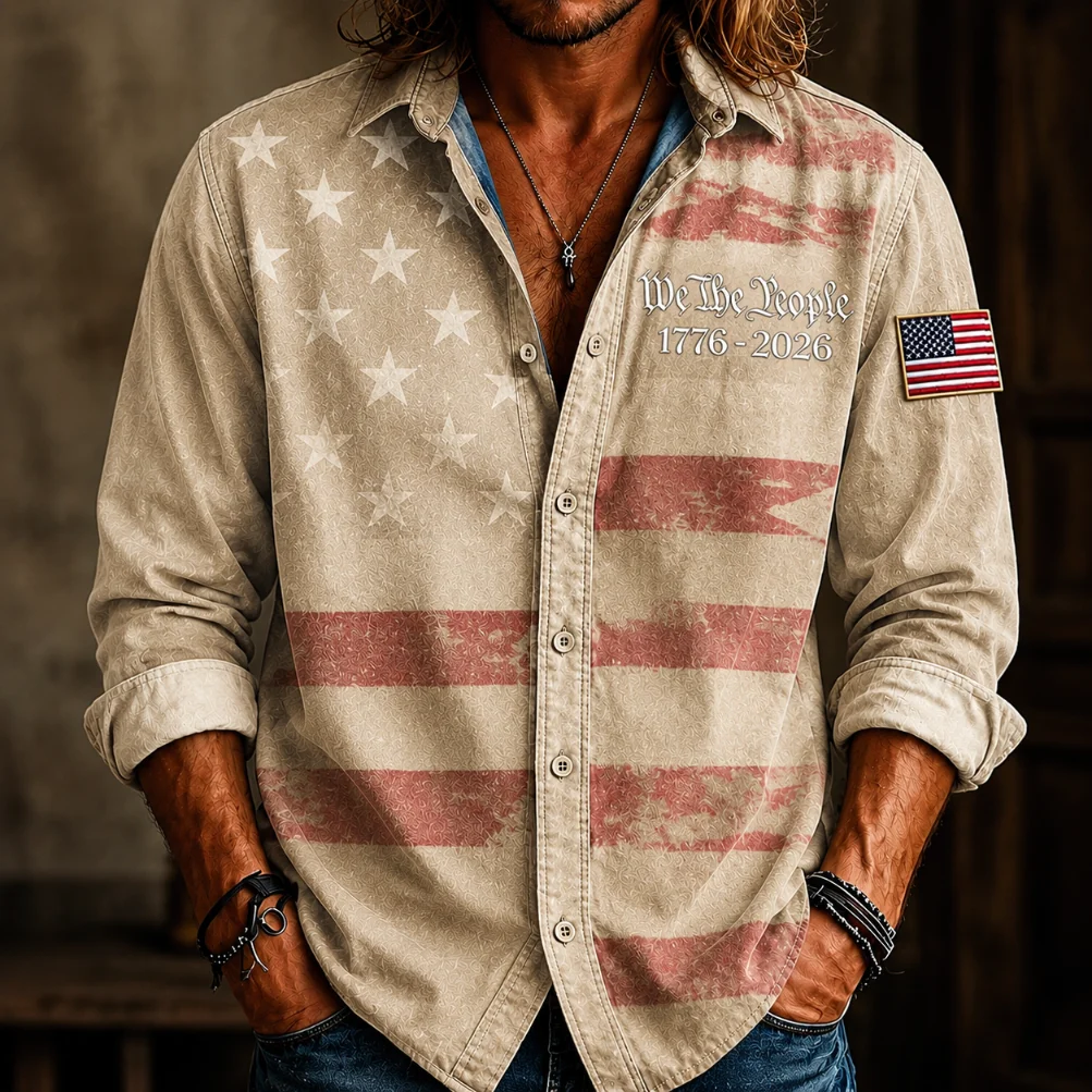Men's America 250Th Anniversary We The People Vintage Camo USA Flag Long Sleeve Button Down Shirt