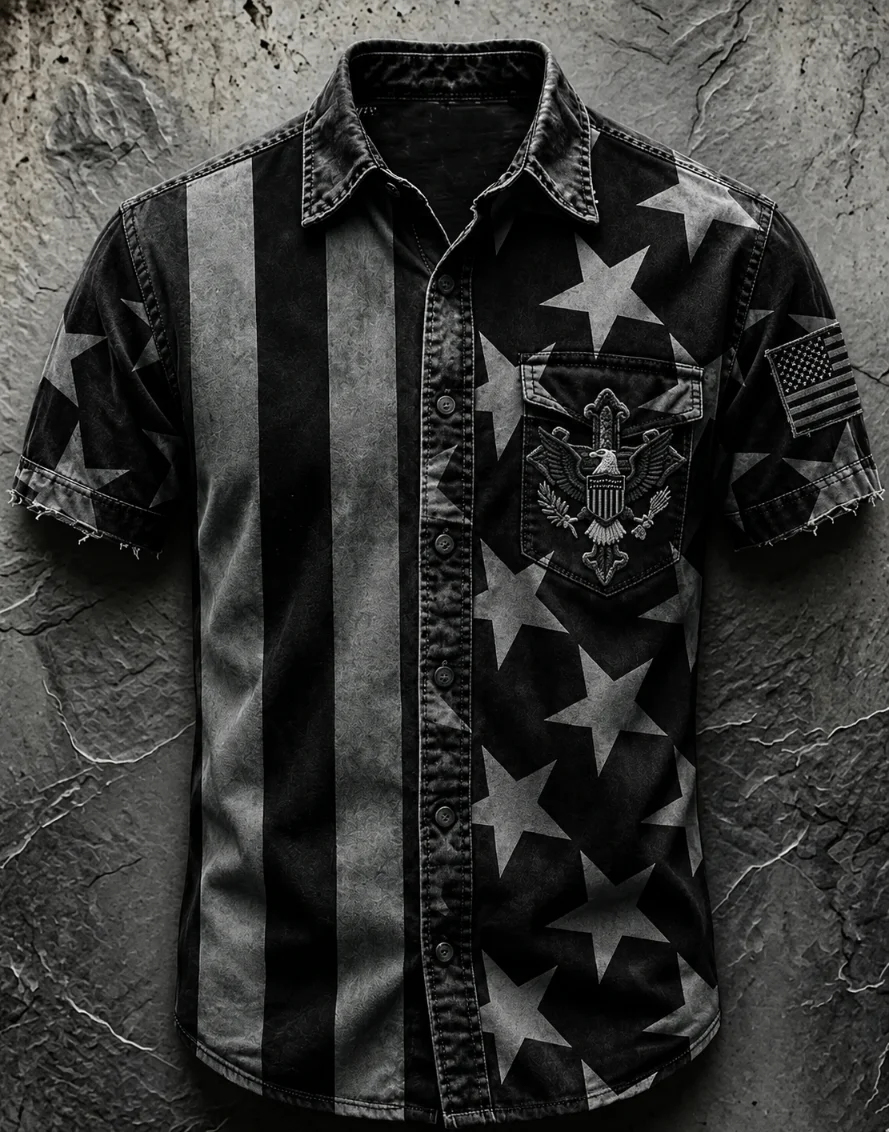 Men's Vintage Black Grey Star Stripe Eagle Embroidery USA Flag Short Sleeve Shirt