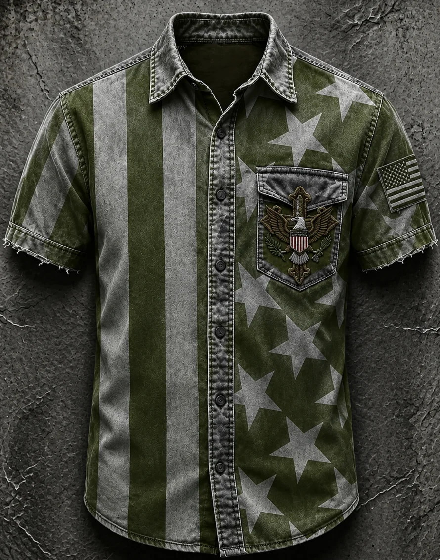 Men's Vintage Black Grey Star Stripe Eagle Embroidery USA Flag Short Sleeve Shirt