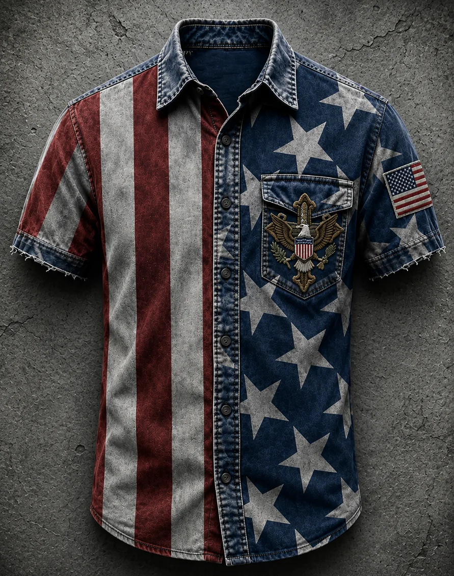 Men's Vintage Black Grey Star Stripe Eagle Embroidery USA Flag Short Sleeve Shirt