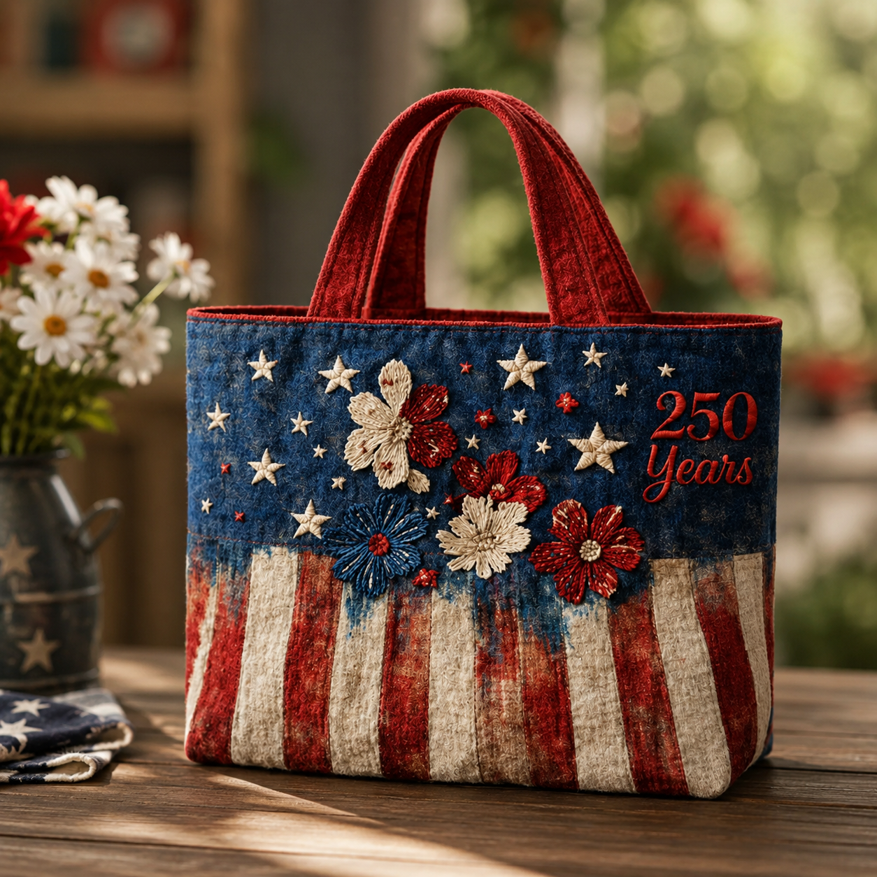 Vintage American Flag 250 Years Floral Quilted Tote Bag GFTOTP16157
