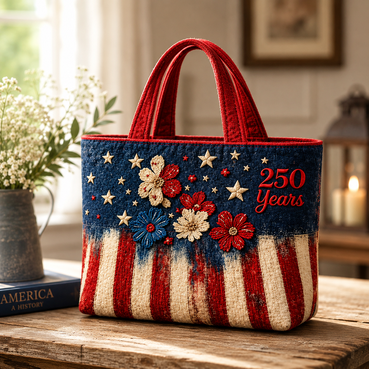 Vintage American Flag 250 Years Floral Quilted Tote Bag GFTOTP16157