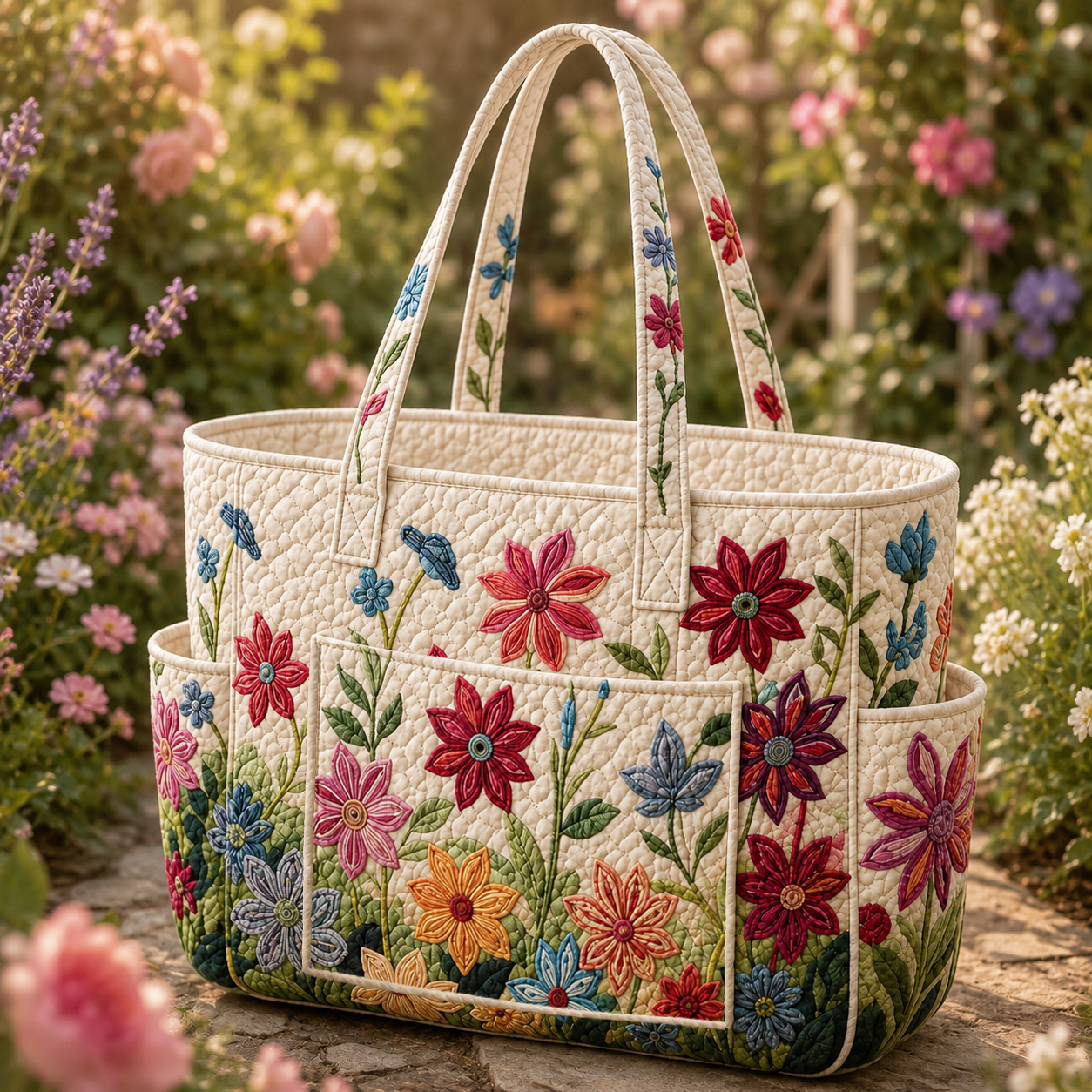 Flower Field Multiple Pockets Quilted Tote Bag TP03