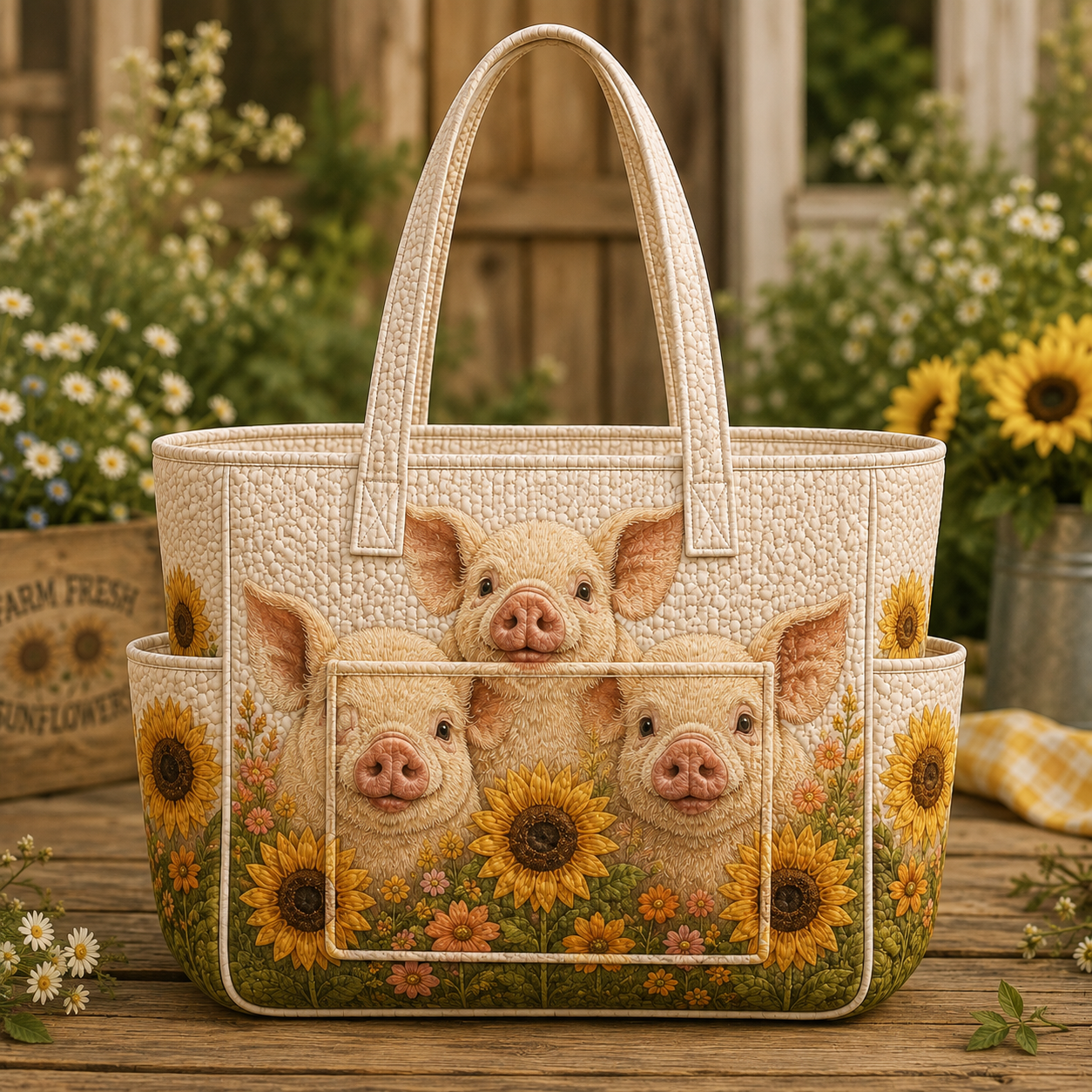 Happy Piggies Multiple Pockets Quilted Tote Bag TP37