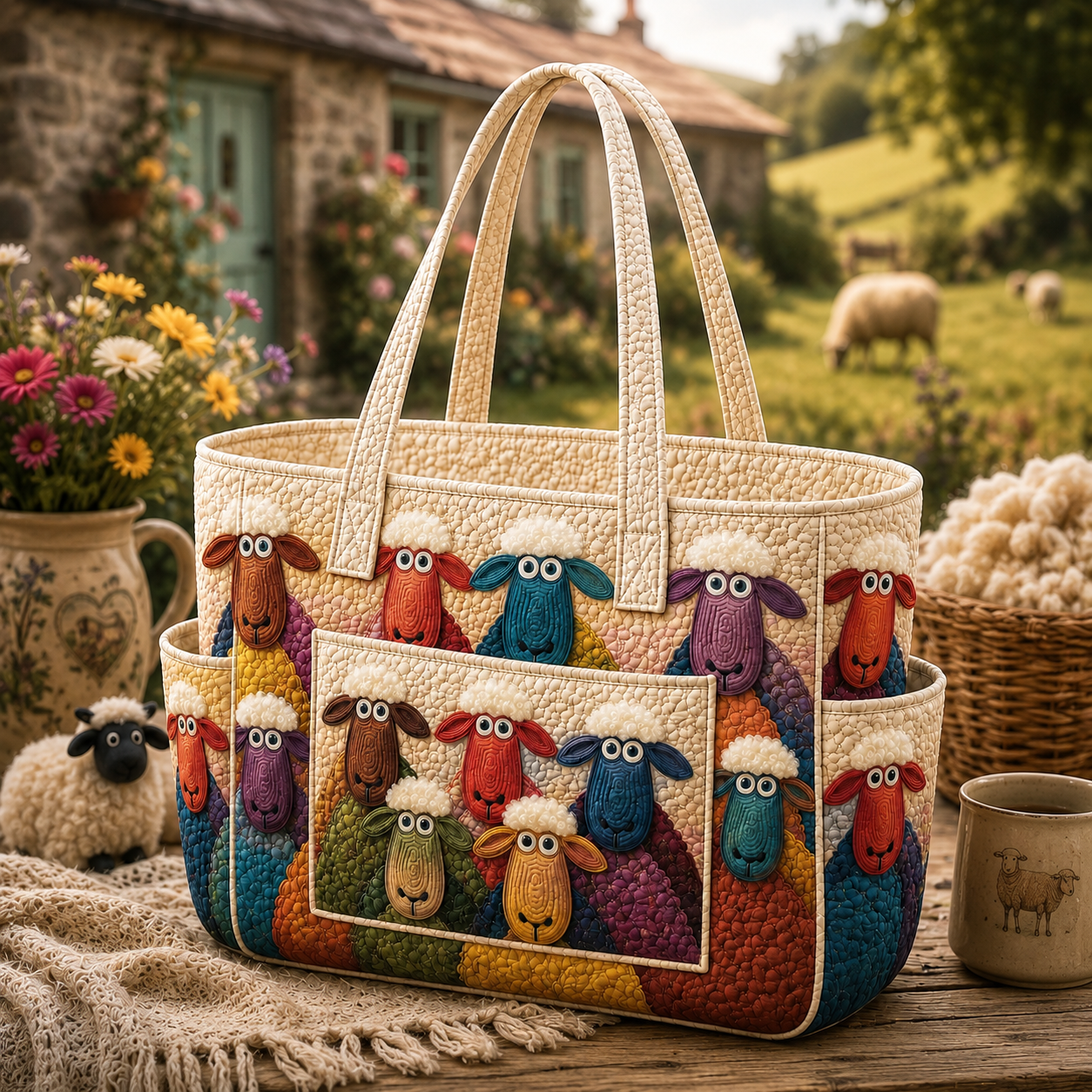 Sheep Heaven Multiple Pockets Quilted Tote Bag TP74