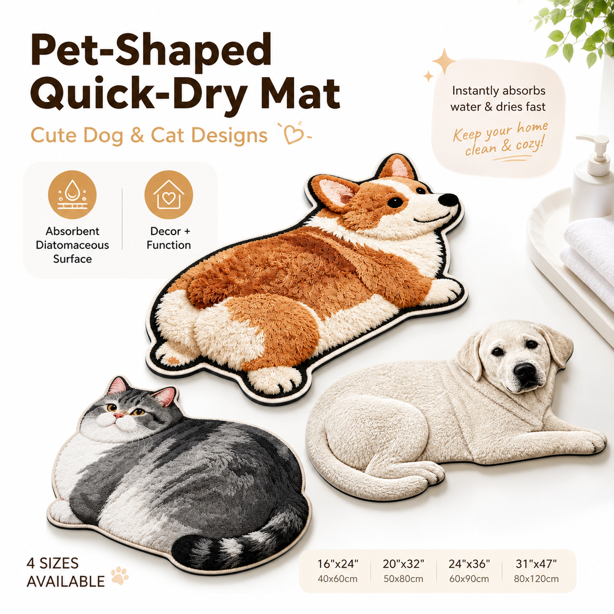 Realistic Pet-Shaped Quick-Dry Diatomaceous Mat – Dog & Cat Floor Rug