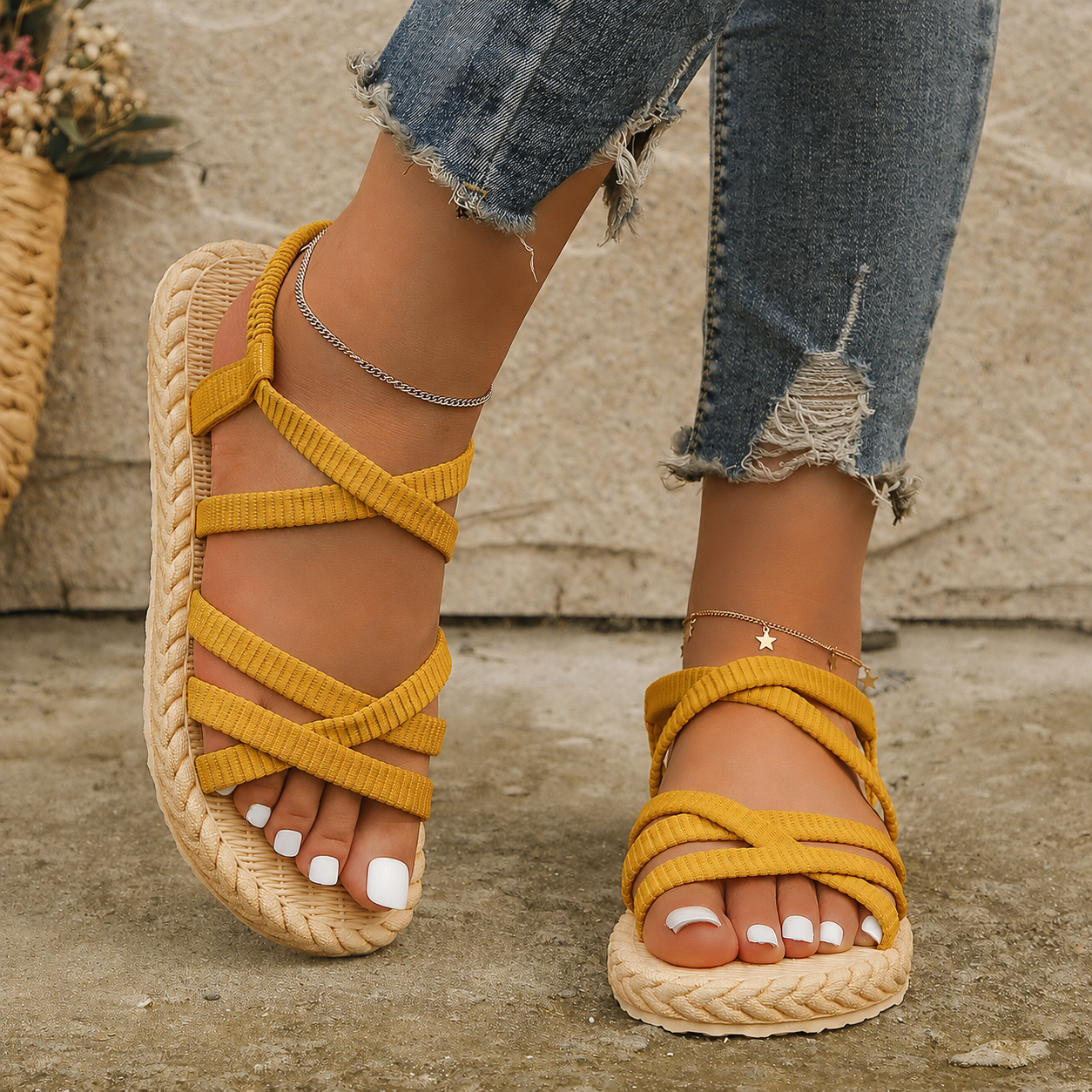Strappy College Vacation Beach Style Solid Color Flat Sandals, Women Shoes