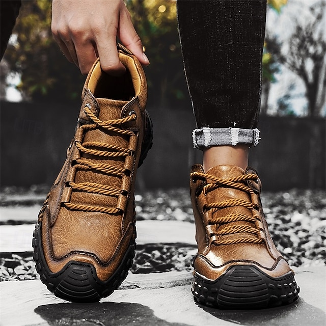 Men's Brown Faux Leather Outdoor Trail Boots with Durable Rubber Sole and Hand-Stitched Detailing, Comfortable Casual Work Boots for Hiking and Daily Wear