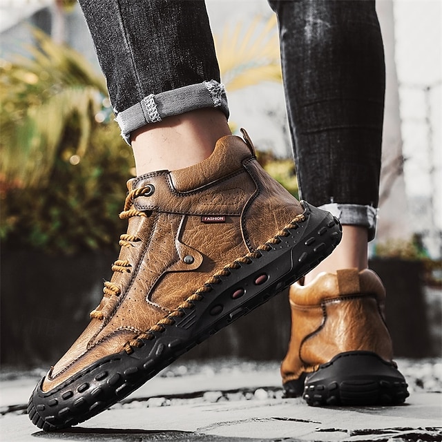 Men's Brown Faux Leather Outdoor Trail Boots with Durable Rubber Sole and Hand-Stitched Detailing, Comfortable Casual Work Boots for Hiking and Daily Wear