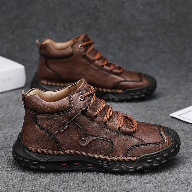 Men's Brown Faux Leather Outdoor Trail Boots with Durable Rubber Sole and Hand-Stitched Detailing, Comfortable Casual Work Boots for Hiking and Daily Wear