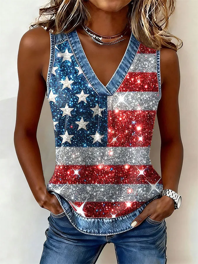 Glitter American Flag Print V-Neck Tank Top, Patriotic Sleeveless Casual Top