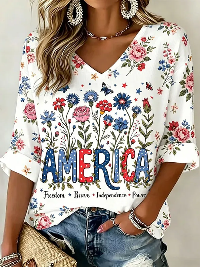 Boho Patriotic Floral America Print Blouse, Casual V-Neck 3/4 Sleeve Shirt