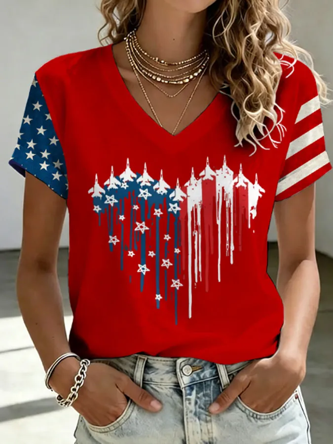 Patriotic USA Jet Flag T-Shirt, Star & Stripe Sleeve V-Neck Casual Top