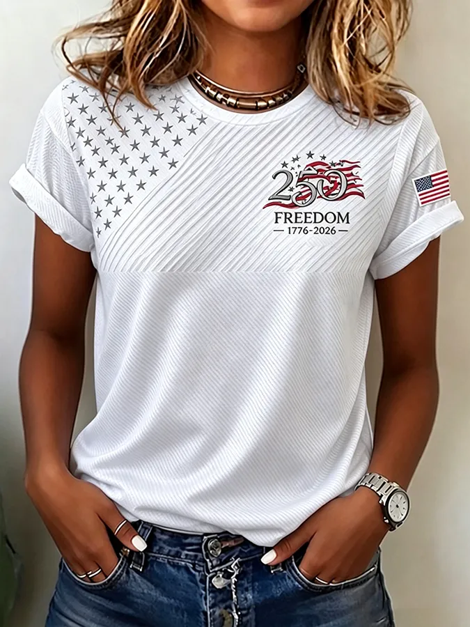 Patriotic Freedom USA Flag Print T-Shirt, Ribbed Star Pattern Casual Short Sleeve Top