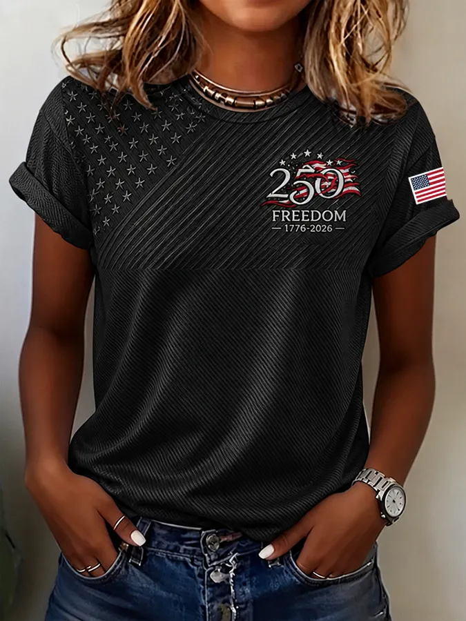 Patriotic Freedom USA Flag Print T-Shirt, Ribbed Star Pattern Casual Short Sleeve Top