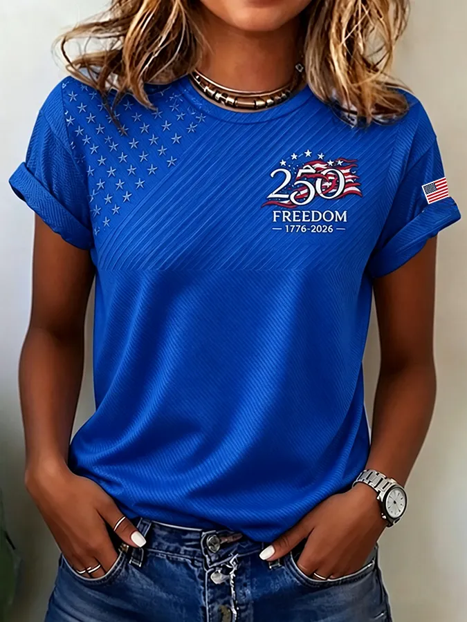 Patriotic Freedom USA Flag Print T-Shirt, Ribbed Star Pattern Casual Short Sleeve Top