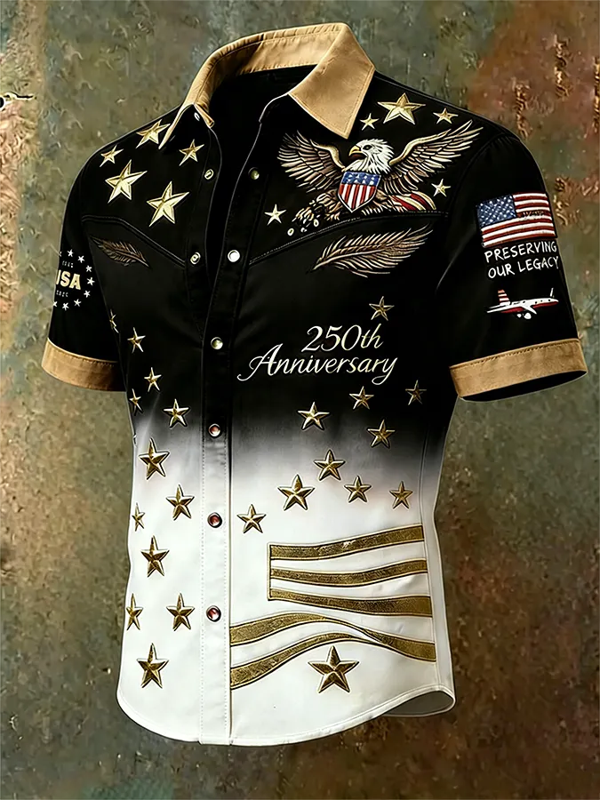 Vintage Western Style Patriotic Shirt, Eagle & Flag Embroidered Purple-to-White Gradient Top
