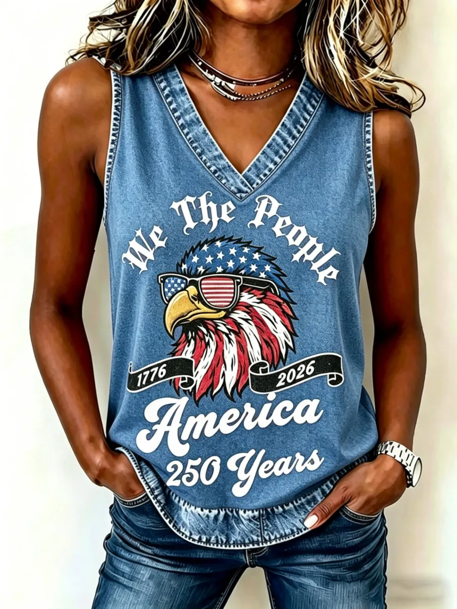 We The People Eagle Print V-Neck Tank Top, Patriotic Denim Trim Casual Sleeveless Top